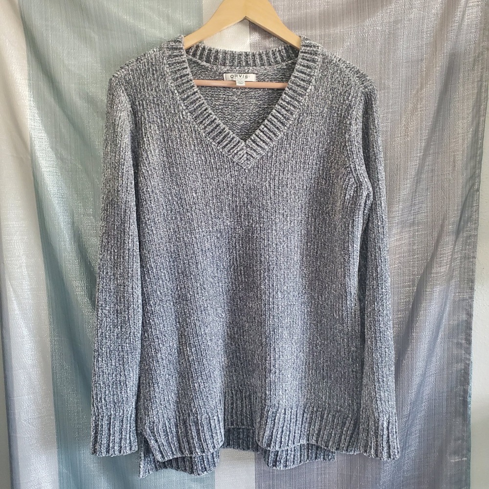 Orvis Women Grey Chenille V-Neck Pullover Sweater Marled Knit M Academia 90s